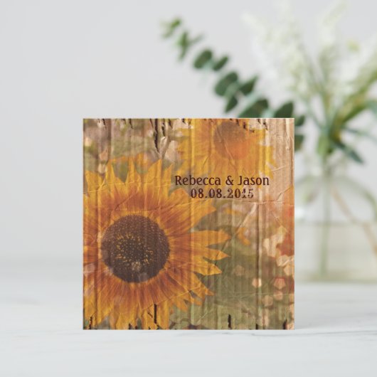 Faire-part cartons rustiques pays mariage de tournesol (Debout devant)