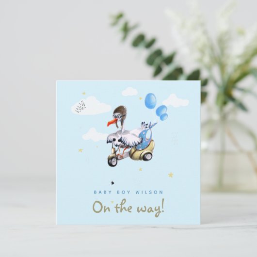 Faire-part Cartoon mignon Funny Stork Scooter Garçon Grossess (Debout devant)