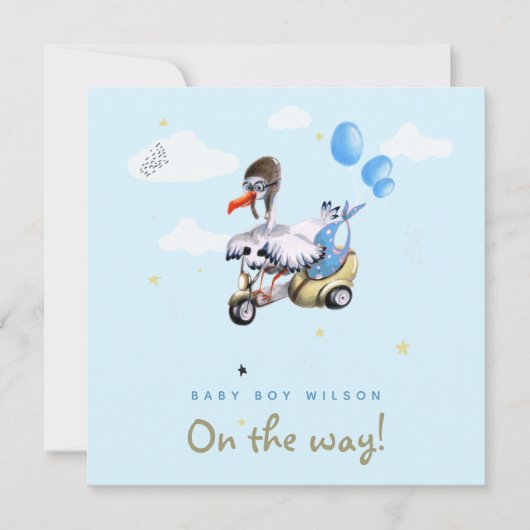 Faire-part Cartoon mignon Funny Stork Scooter Garçon Grossess (Devant)