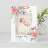 Faire-part Cascade florale couleur rose photo bébé naissance (Debout devant)