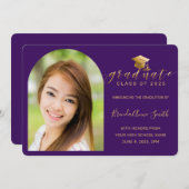 Faire-part Casquette d'or violet moderne Script photo Graduat (Devant / Derrière)