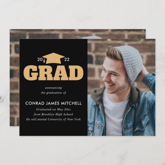 Faire-part CASQUETTE GRAD Année Diplômée Black Gold Photo Gra (Devant / Derrière)