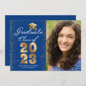 Faire-part Casquette moderne Blue Gold Script Parties scintil (Devant / Derrière)