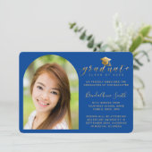 Faire-part Casquette photo moderne Gold Script sur Bleu Gradu (Debout devant)