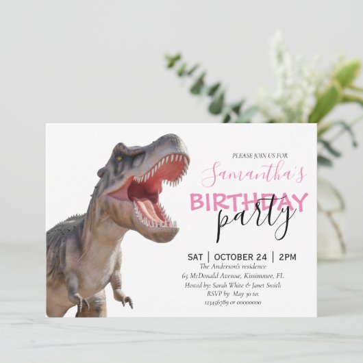 Faire-part Célébration d'anniversaire de Dinosaure, une fille (Debout devant)