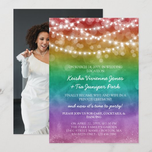 Faire-part Célébration de fuite amoureuse avec guirlandes et  (Devant / Derrière)