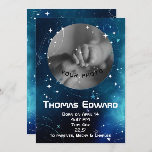 Faire-part Céleste Bleu Profond Espace extra-atmosphérique Na (Devant / Derrière)