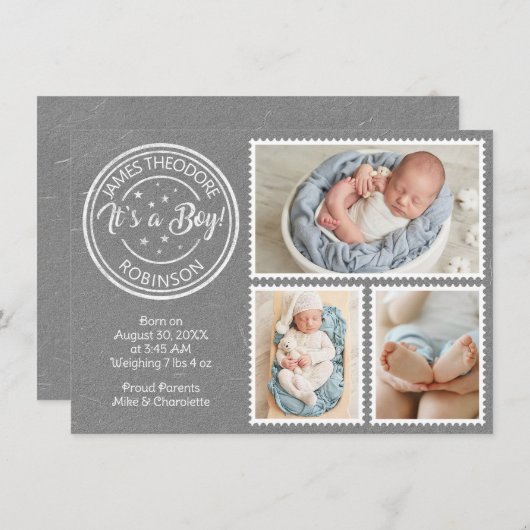 Faire-part C'est un garçon ! timbres poste (Devant / Derrière)