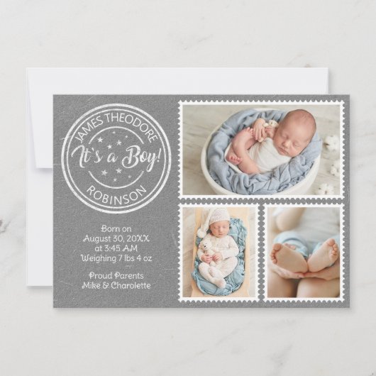 Faire-part C'est un garçon ! timbres poste (Devant)