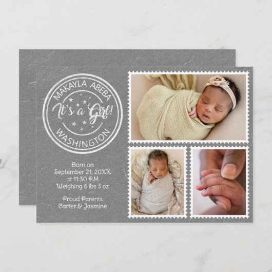 Faire-part C'est un garçon ! timbres poste (Devant / Derrière)