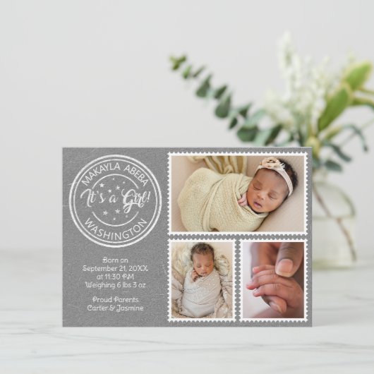 Faire-part C'est un garçon ! timbres poste (Debout devant)