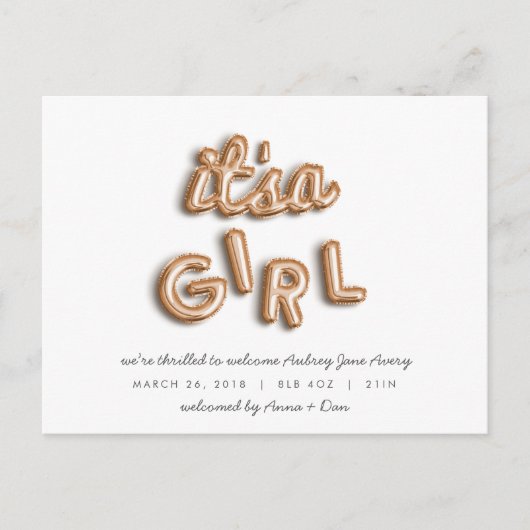 Faire-part C'est une fille ! Carte postale rose gold. (Devant)