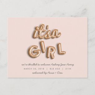 Faire-part C'est une fille ! Carte postale rose gold/rose.