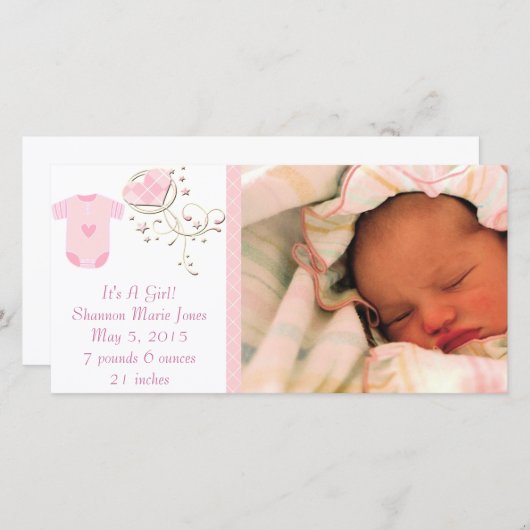 Faire-part C'est une fille rose Jacquard mignonne Nouveau béb (Devant / Derrière)