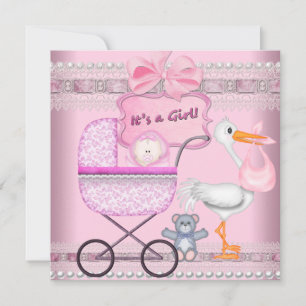 Faire-part C'est une petite fille annonce Pram rose