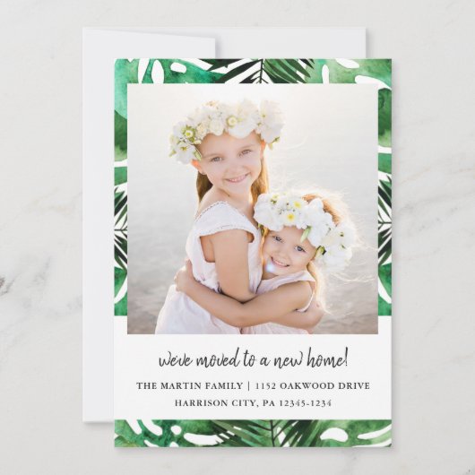 Faire-part Changement d'adresse Aquarelle Vert Feuilles photo (Devant)