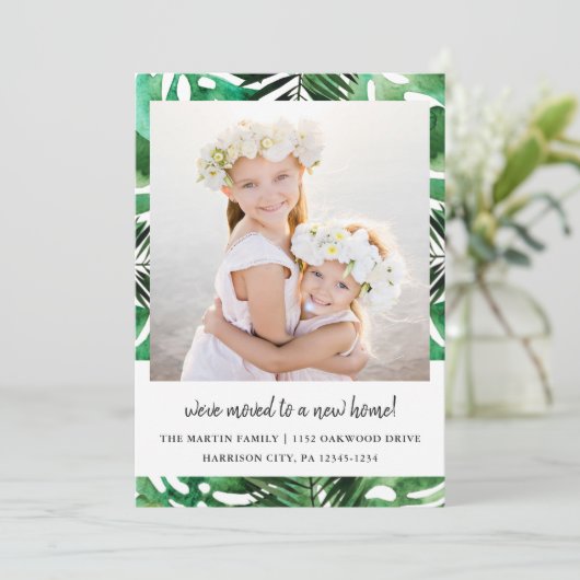 Faire-part Changement d'adresse Aquarelle Vert Feuilles photo (Debout devant)