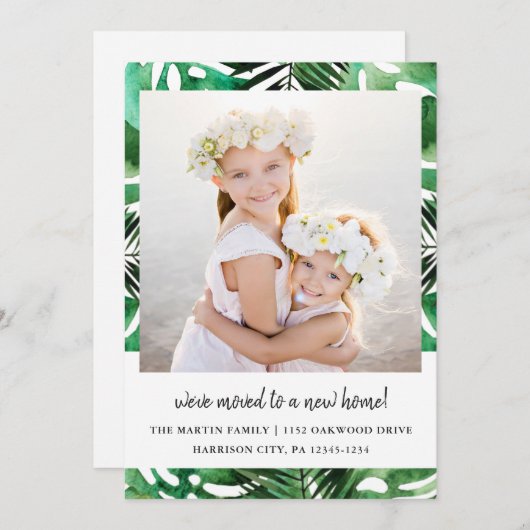 Faire-part Changement d'adresse Aquarelle Vert Feuilles photo (Devant / Derrière)