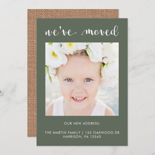 Faire-part Changement d'adresse Rustic Burlap Regarder avec p (Devant / Derrière)