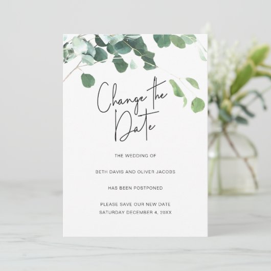 Faire-part Changement de date de mariage Eucalyptus Reporté (Debout devant)