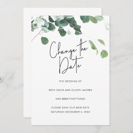 Faire-part Changement de date de mariage Eucalyptus Reporté (Devant / Derrière)