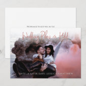 Faire-part Changement de date de mariage Fun Photo Red Script (Devant / Derrière)