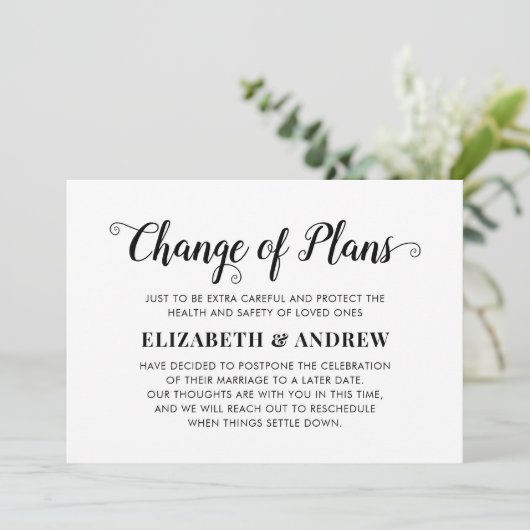 Faire-part Changement de plan Reporté Mariage Élégant Script (Debout devant)