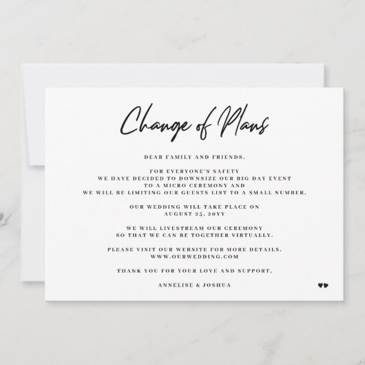 Faire-part Changement de plans élégant minimal mariage réduit (Devant)