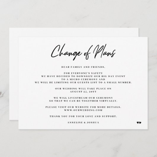 Faire-part Changement de plans élégant minimal mariage réduit (Devant / Derrière)