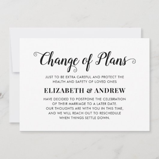 Faire-part Changement de plans Mariage reporté Écriture éléga (Devant)