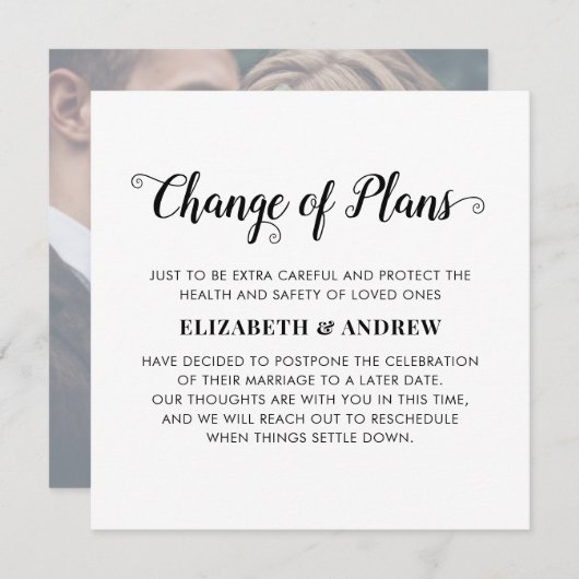 Faire-part Changement de plans Mariage reporté Photo d'événem (Devant / Derrière)