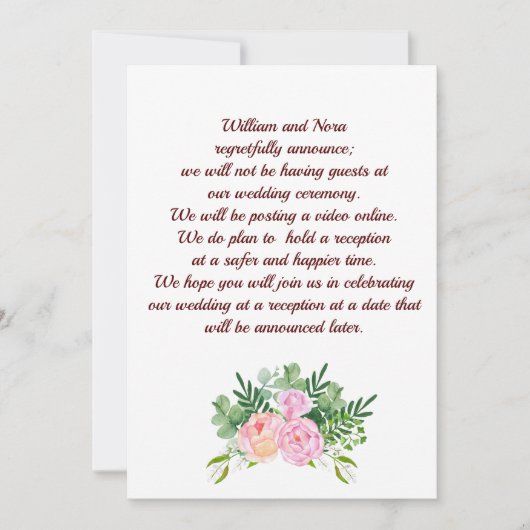 Faire-part Changement de plans pour le mariage, avec pivoine (Devant)