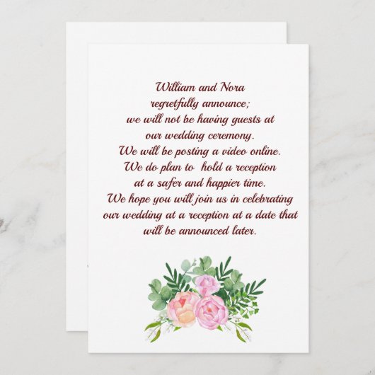 Faire-part Changement de plans pour le mariage, avec pivoine  (Devant / Derrière)