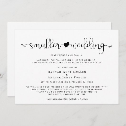 Faire-part Changement de plans pour un mariage plus petit Cœu (Devant / Derrière)