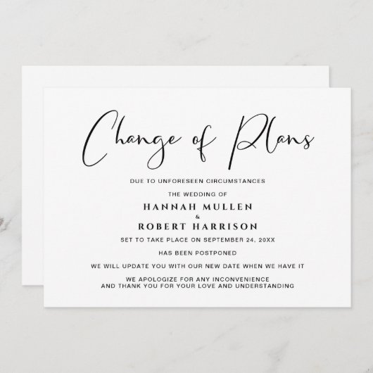 Faire-part Changement de plans Report Annulé Noir Blanc (Devant / Derrière)