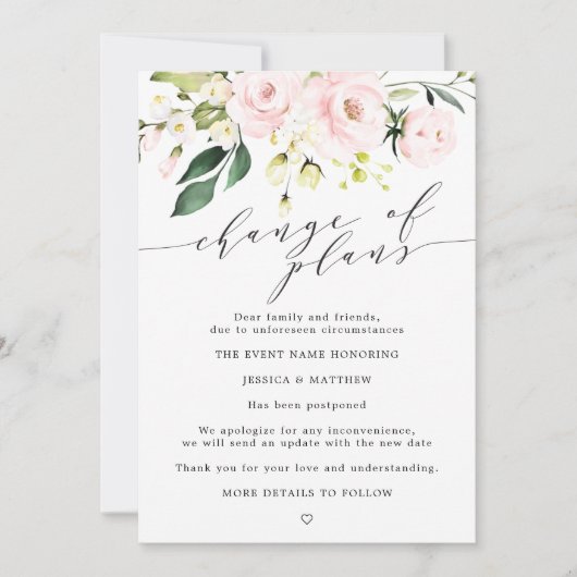 Faire-part Changement de Plans Reporté Blush Fleurs de Mariag (Devant)