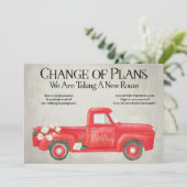 Faire-part Changement de plans reporté mariage camion rouge (Debout devant)