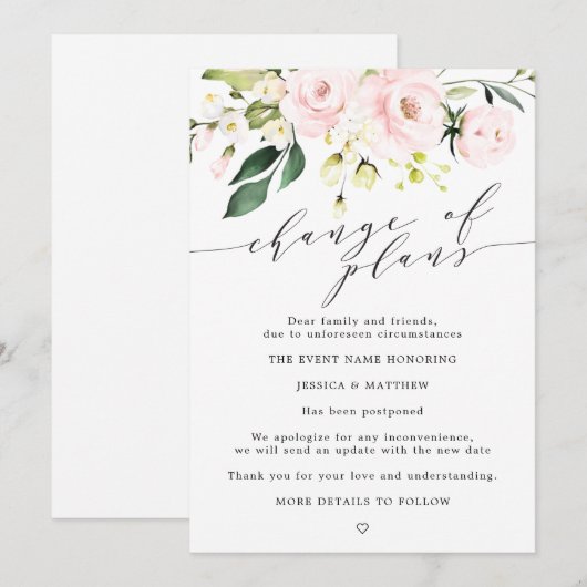 Faire-part Changement de Plans Reporté Mariage Floral Rouge a (Devant / Derrière)
