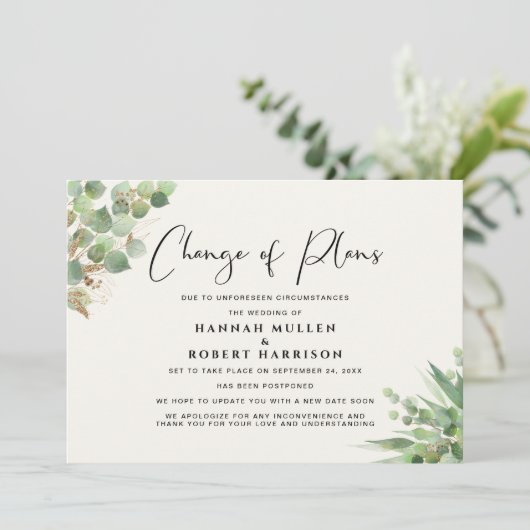 Faire-part Changement de report de mariage Plans Eucalyptus C (Debout devant)