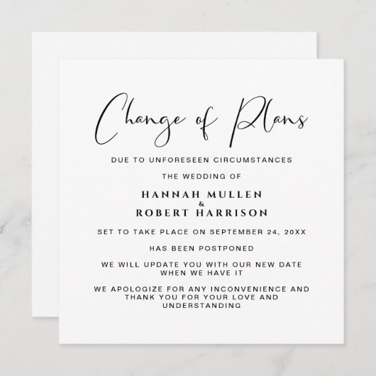 Faire-part Changement Élégant de Projets Report de Mariage (Devant / Derrière)