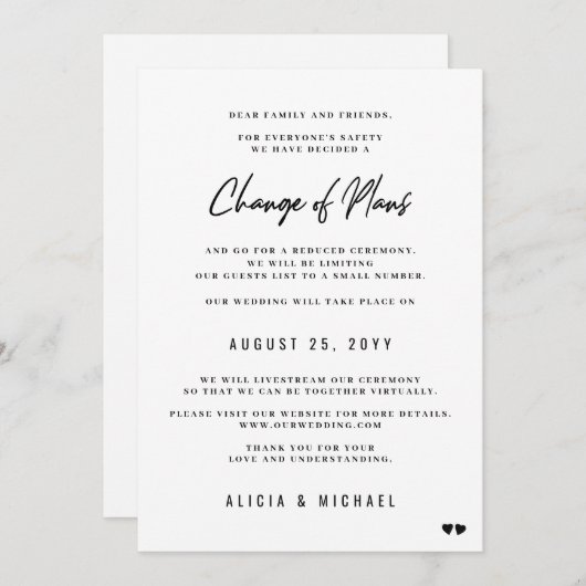 Faire-part Changement mariage de plans réduction minimale mod (Devant / Derrière)