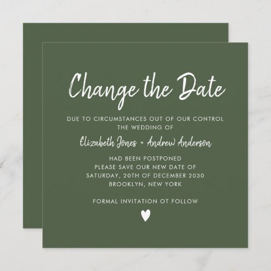 Faire-part Changer la date écriture moderne calligraphie vert (Devant / Derrière)