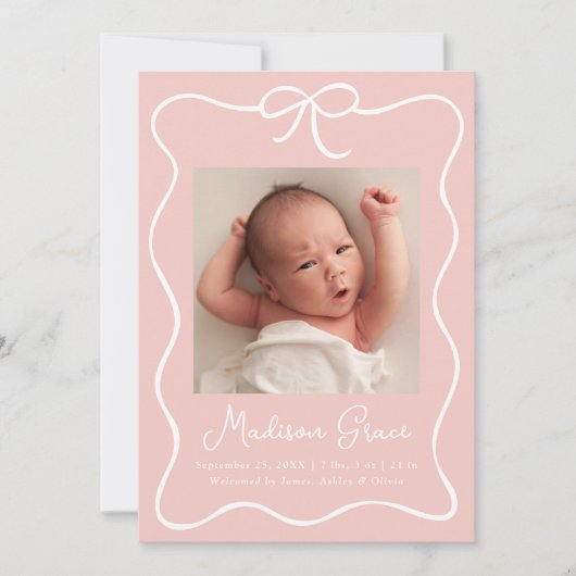 Faire-part Charming Bow Blush rose Baby Girl Photo Naissance (Devant)