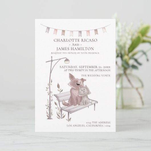 Faire-part Chat et chien sur un banc animal Mariage à thème (Debout devant)