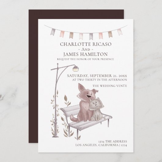 Faire-part Chat et chien sur un banc animal Mariage à thème (Devant / Derrière)
