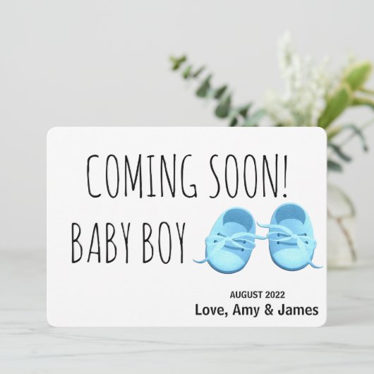 Faire-part Chaussures bébé mignonnes bientôt bleu Grossesse (Debout devant)