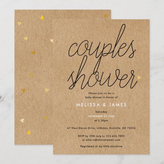 Faire-part chic avec cœurs dorés pour Baby Shower (Devant / Derrière)