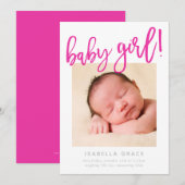 Faire-part CHIC BABY PHOTO moderne fille rose écriture (Devant / Derrière)