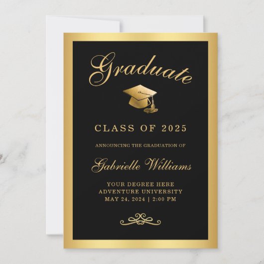 Faire-part Chic Black Gold Frame Script Graduation (Devant)