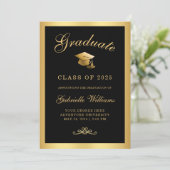 Faire-part Chic Black Gold Frame Script Graduation (Debout devant)